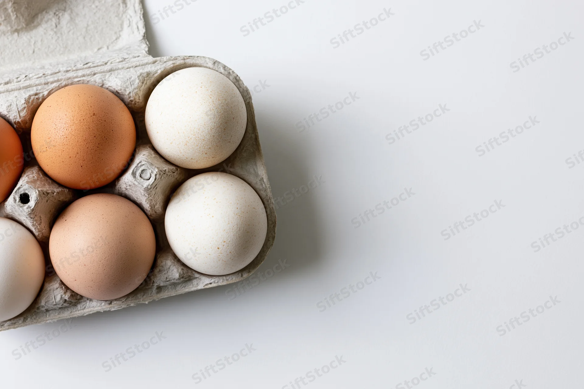 Six brown and white chicken eggs nestled in an open cardboard carton on a white surface