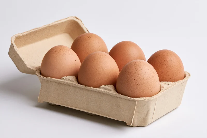 Six brown chicken eggs in an open cardboard carton on a white surface