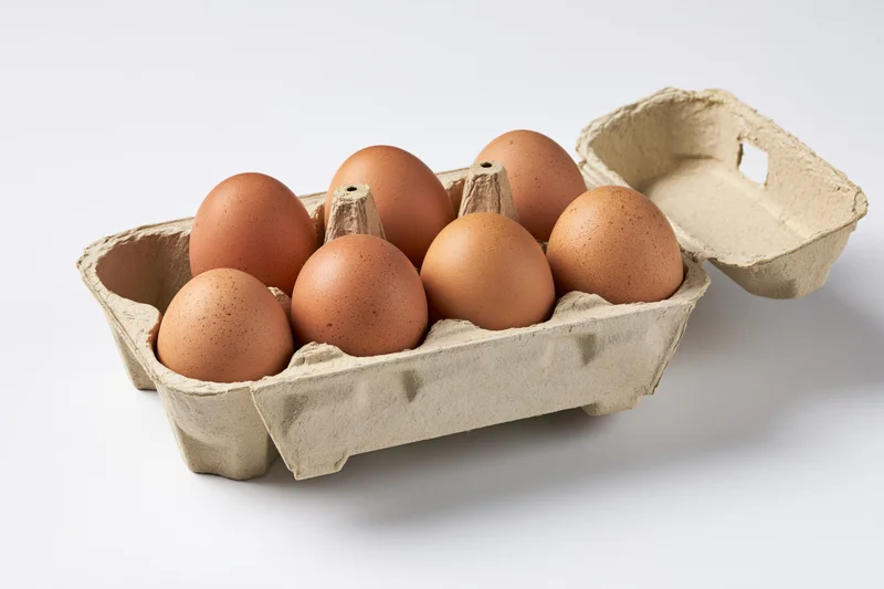 Six brown chicken eggs in an open cardboard carton on a white surface