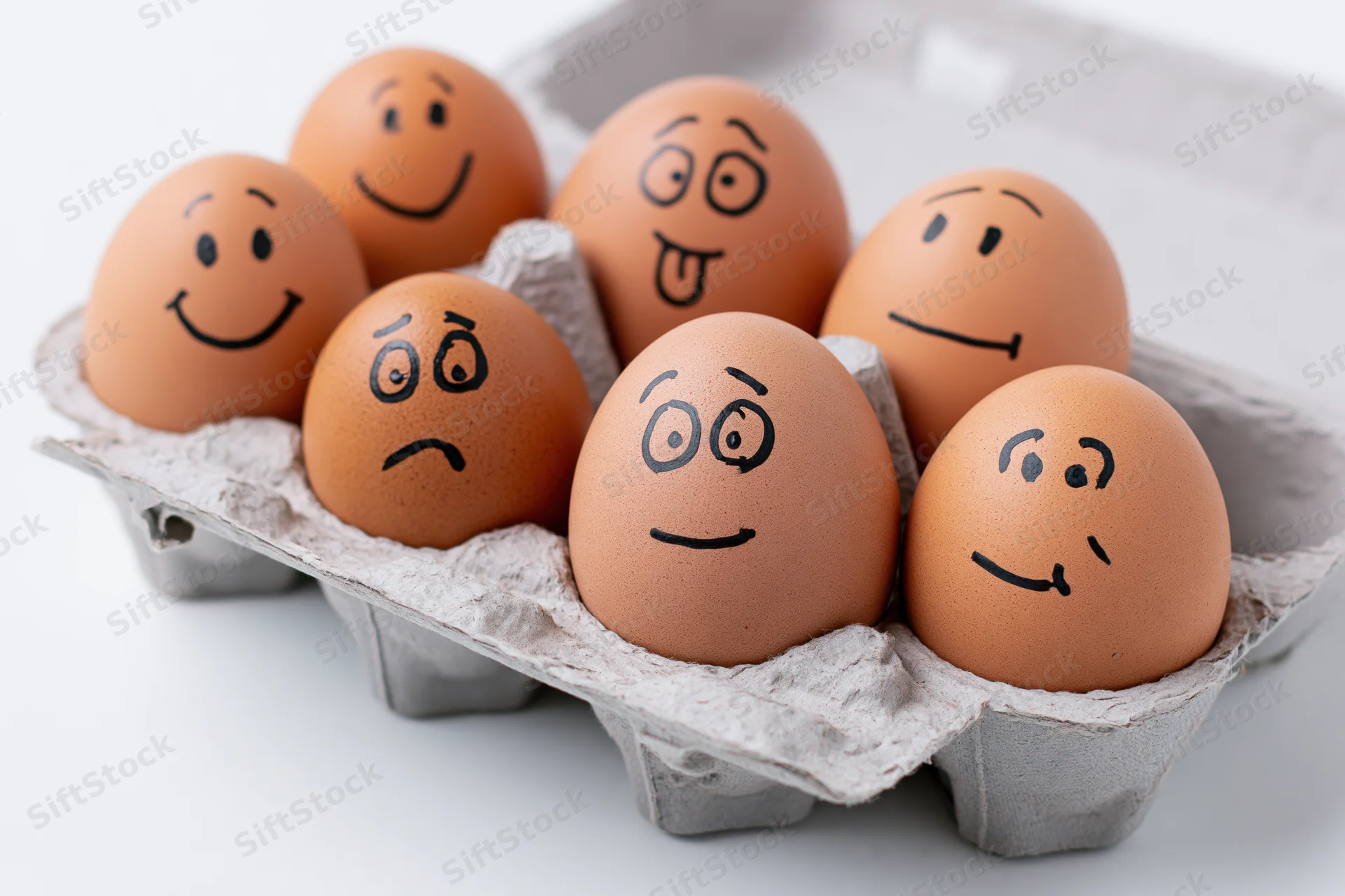 Six brown eggs with drawn smiling faces arranged in a gray cardboard egg carton on a white surface