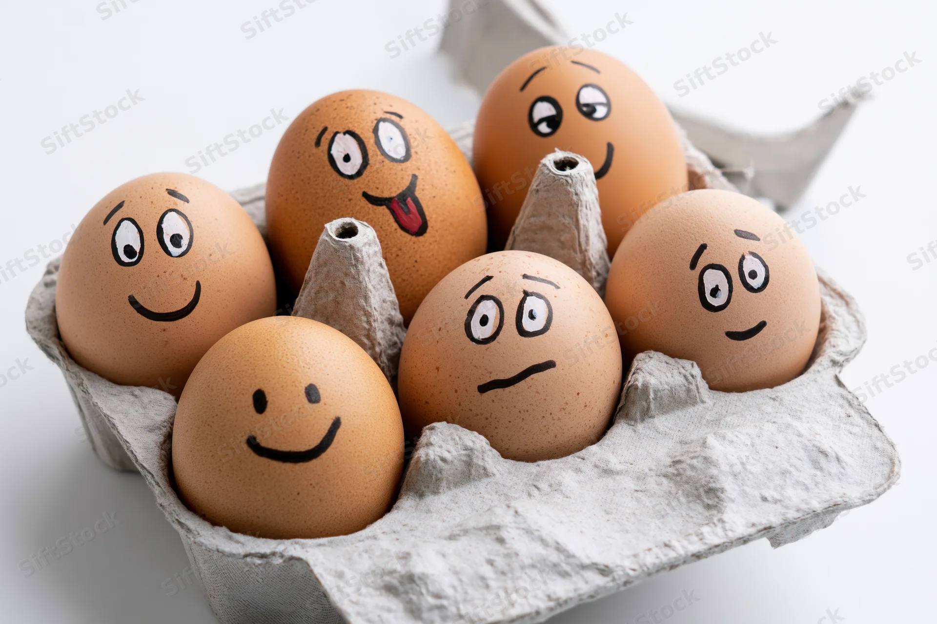 Six brown eggs with hand-drawn faces in a gray cardboard carton, each showing different expressions