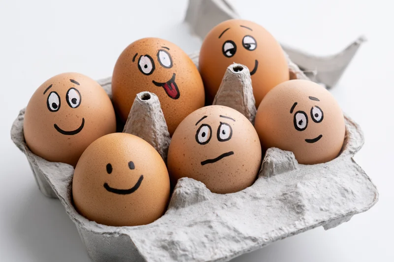 Six brown eggs with hand-drawn faces in a gray cardboard carton, each showing different expressions