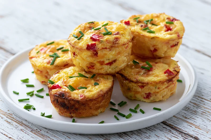 Six golden-brown egg muffin bites stacked loosely on a white plate garnished with chives