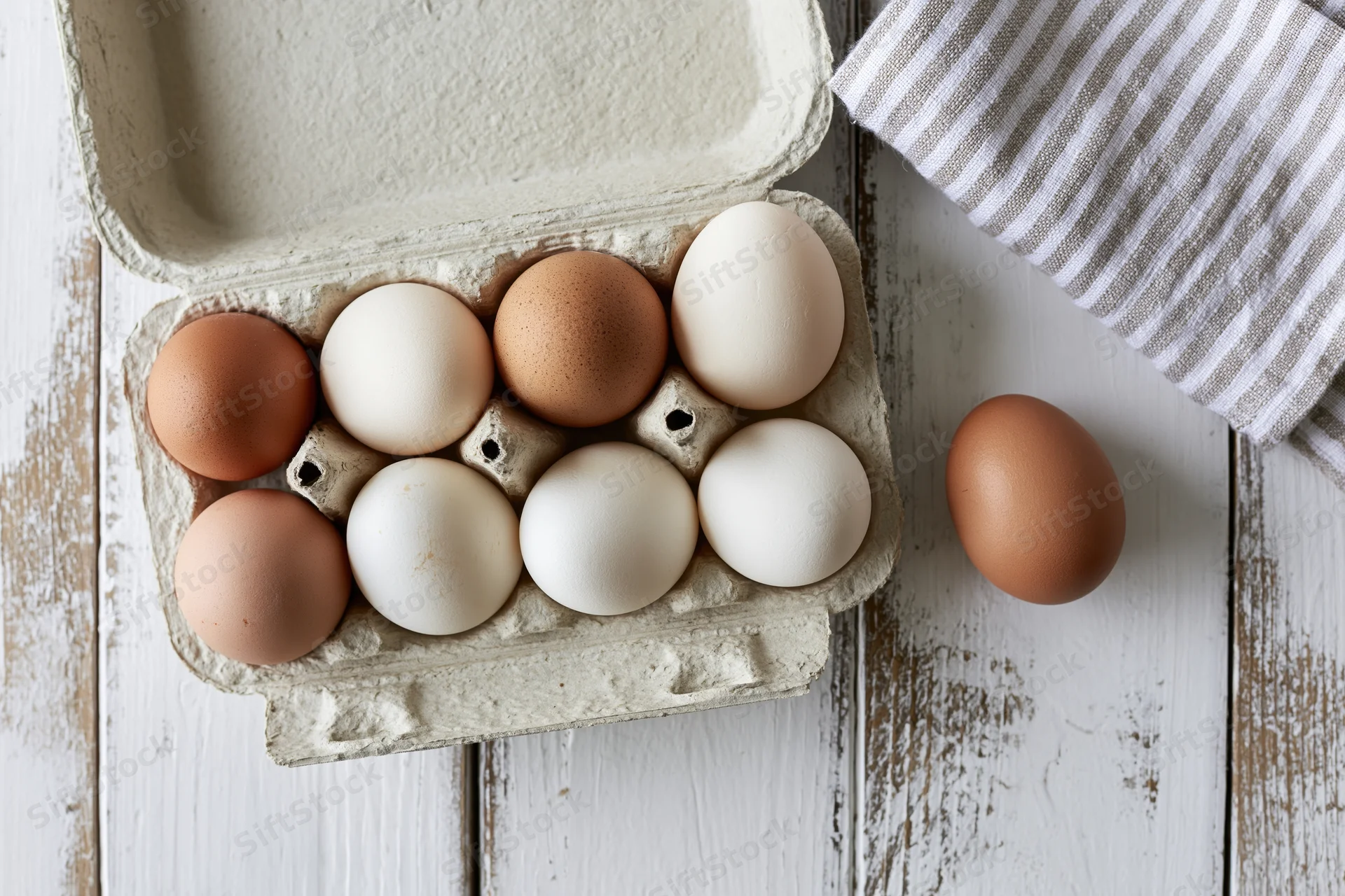 Mixed brown and white eggs in open cardboard carton on rustic wooden table with striped cloth nearby