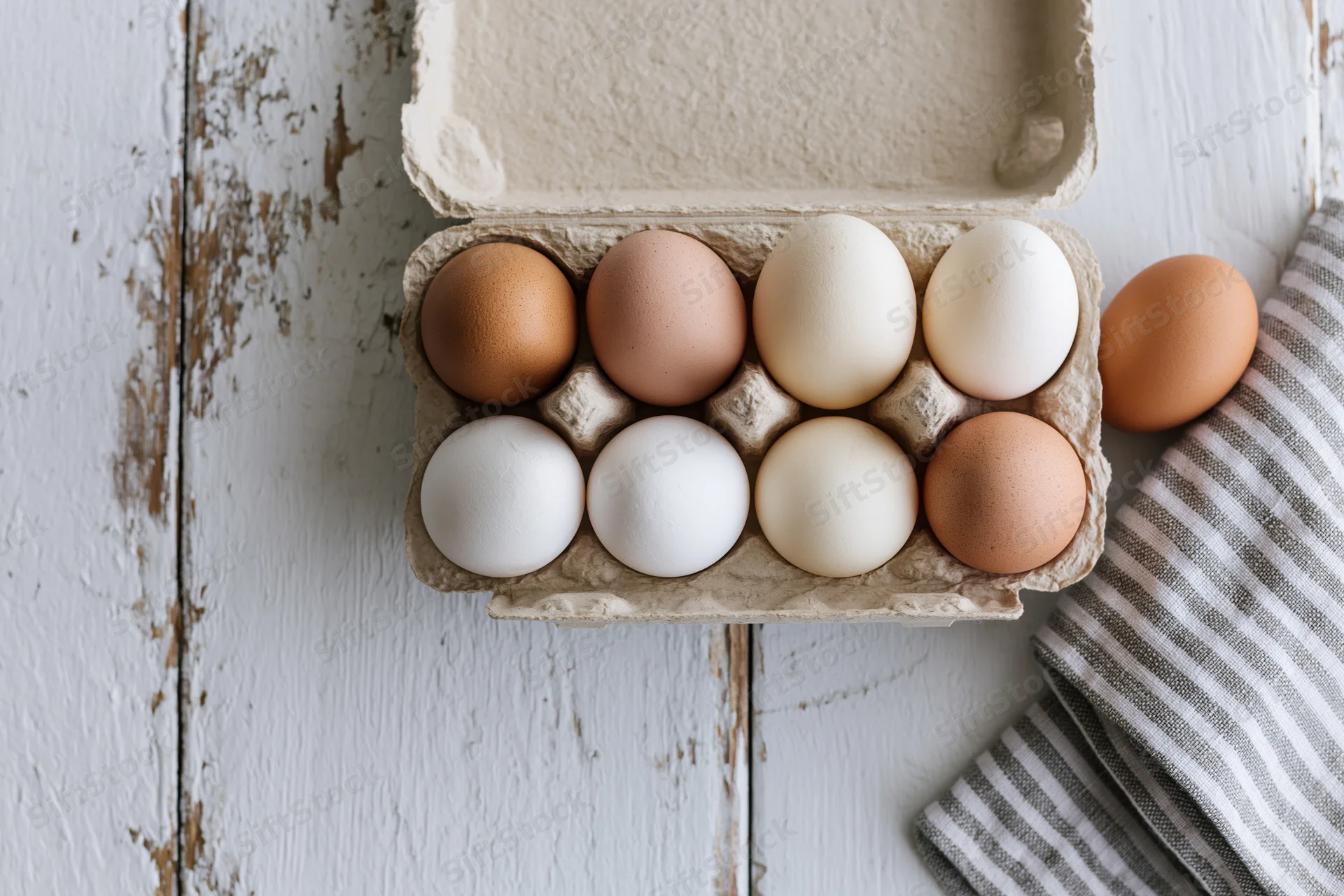 Mixed brown and white eggs in an open cardboard carton on a white wooden surface with a striped cloth nearby