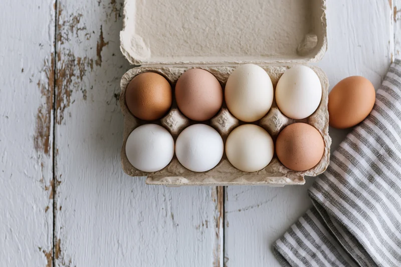 Mixed brown and white eggs in an open cardboard carton on a white wooden surface with a striped cloth nearby