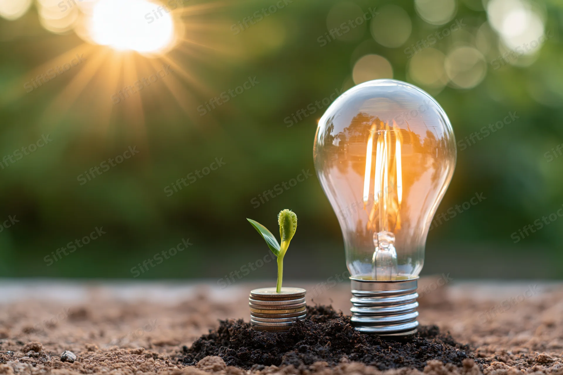 Small green seedling sprouting from a stack of coins beside a glowing lightbulb in soil under sunlight