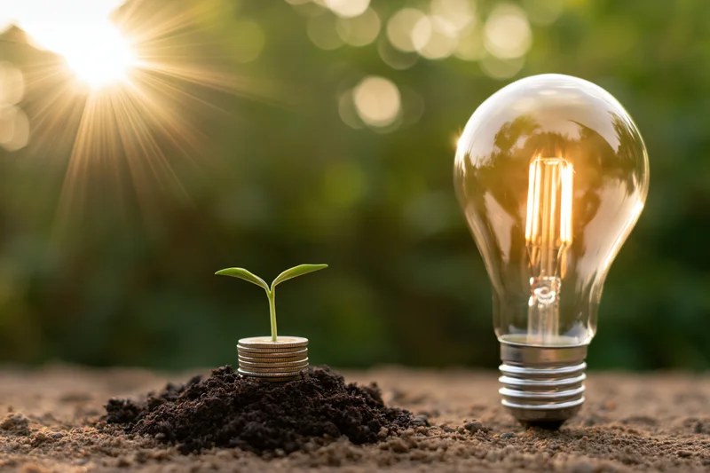 Small green seedling sprouting from a stack of coins in soil beside a glowing lightbulb outdoors in sunlight