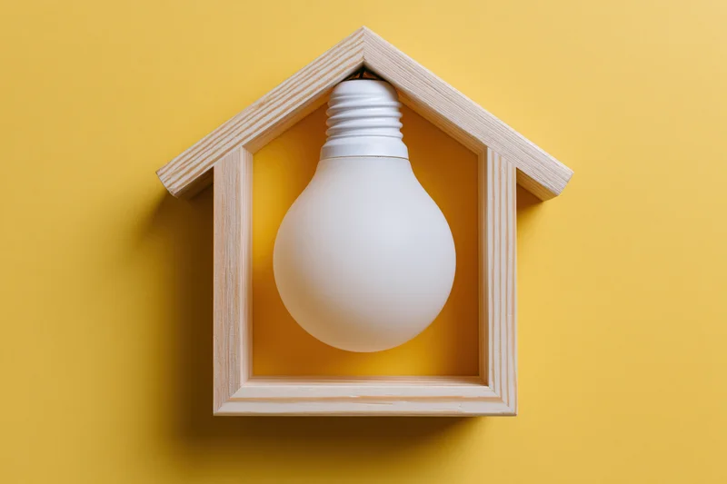 White led bulb centered in wooden house-shaped frame against yellow background
