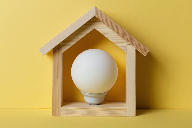 White led bulb centered in wooden house-shaped frame against yellow background