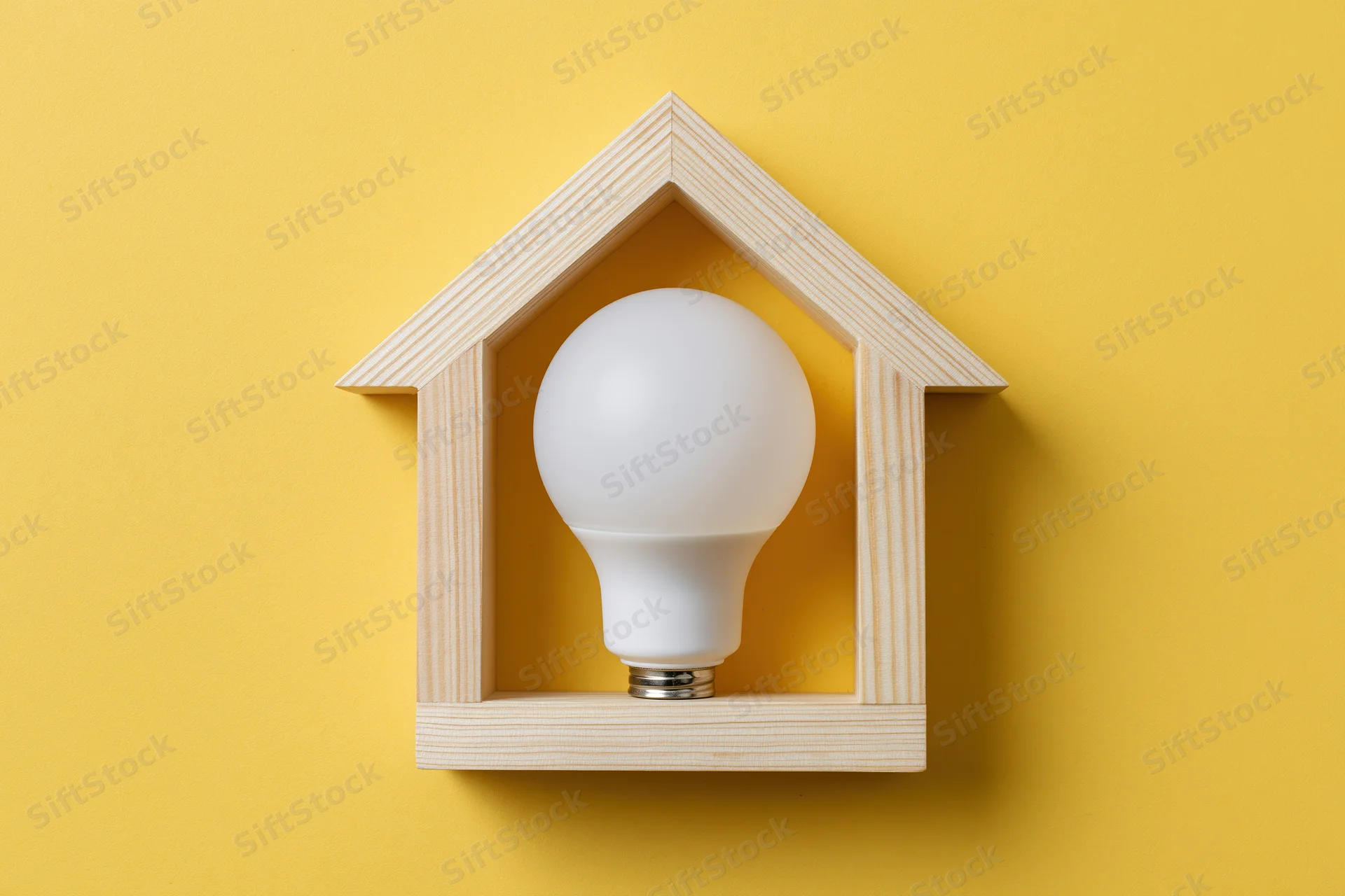 White led bulb centered in wooden house-shaped frame against yellow background