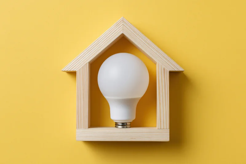 White led bulb centered in wooden house-shaped frame against yellow background
