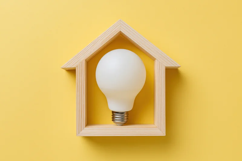 White led bulb centered in wooden house-shaped frame against yellow background