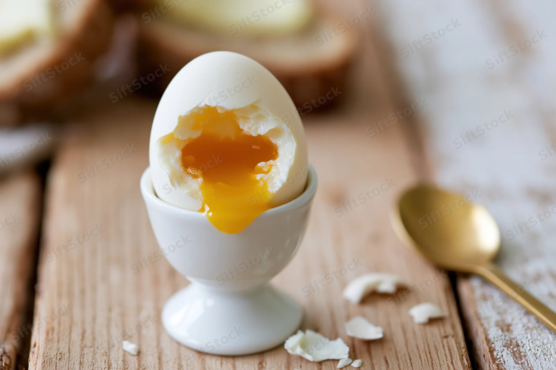 Soft-boiled egg cracked open with runny yolk in a white ceramic eggcup on a wooden table beside a golden spoon