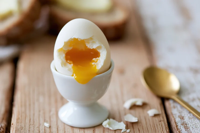 Soft-boiled egg cracked open with runny yolk in a white ceramic eggcup on a wooden table beside a golden spoon