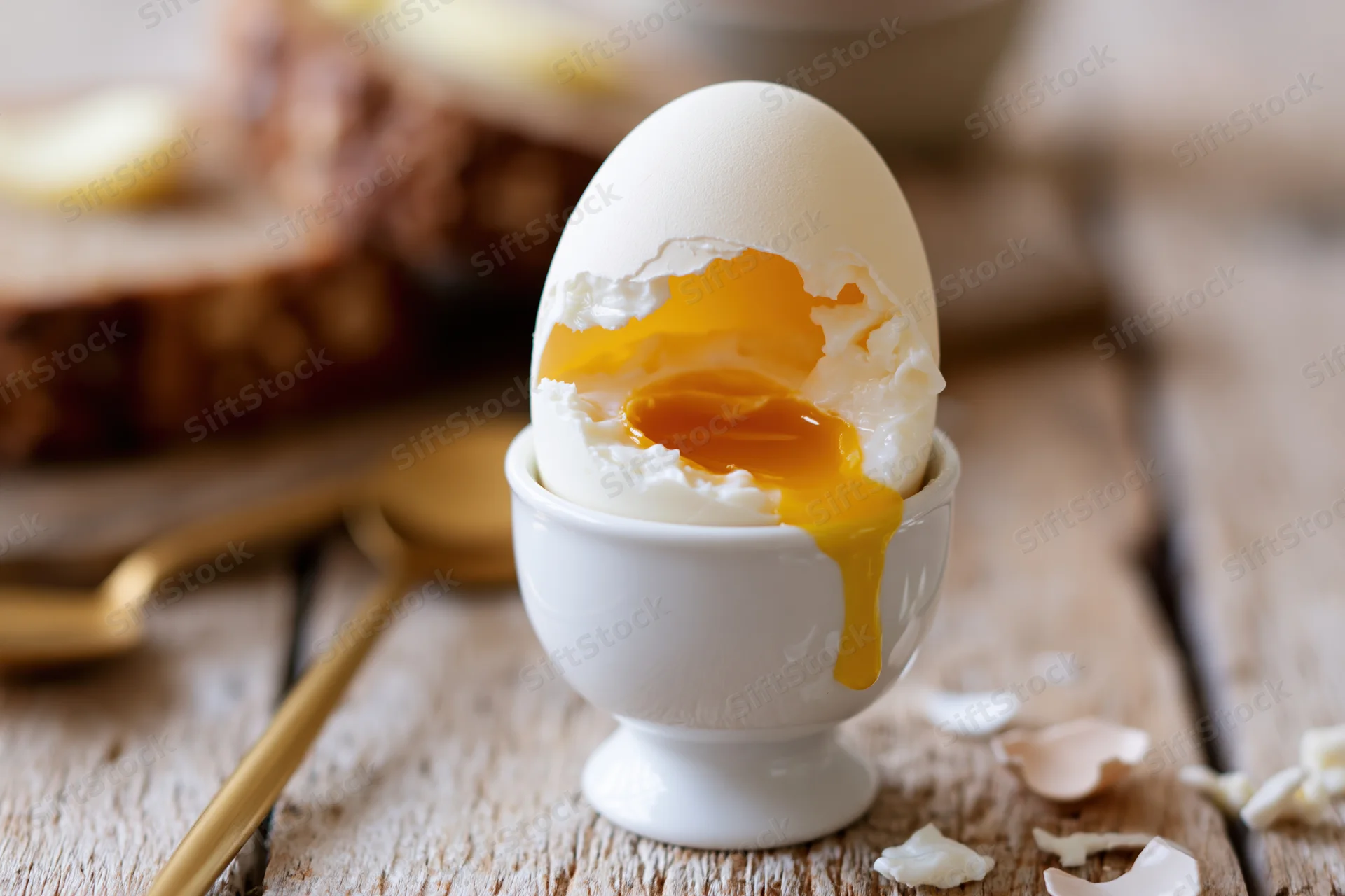 Soft-boiled egg cracked open with runny yolk dripping into a white ceramic egg cup on a wooden table