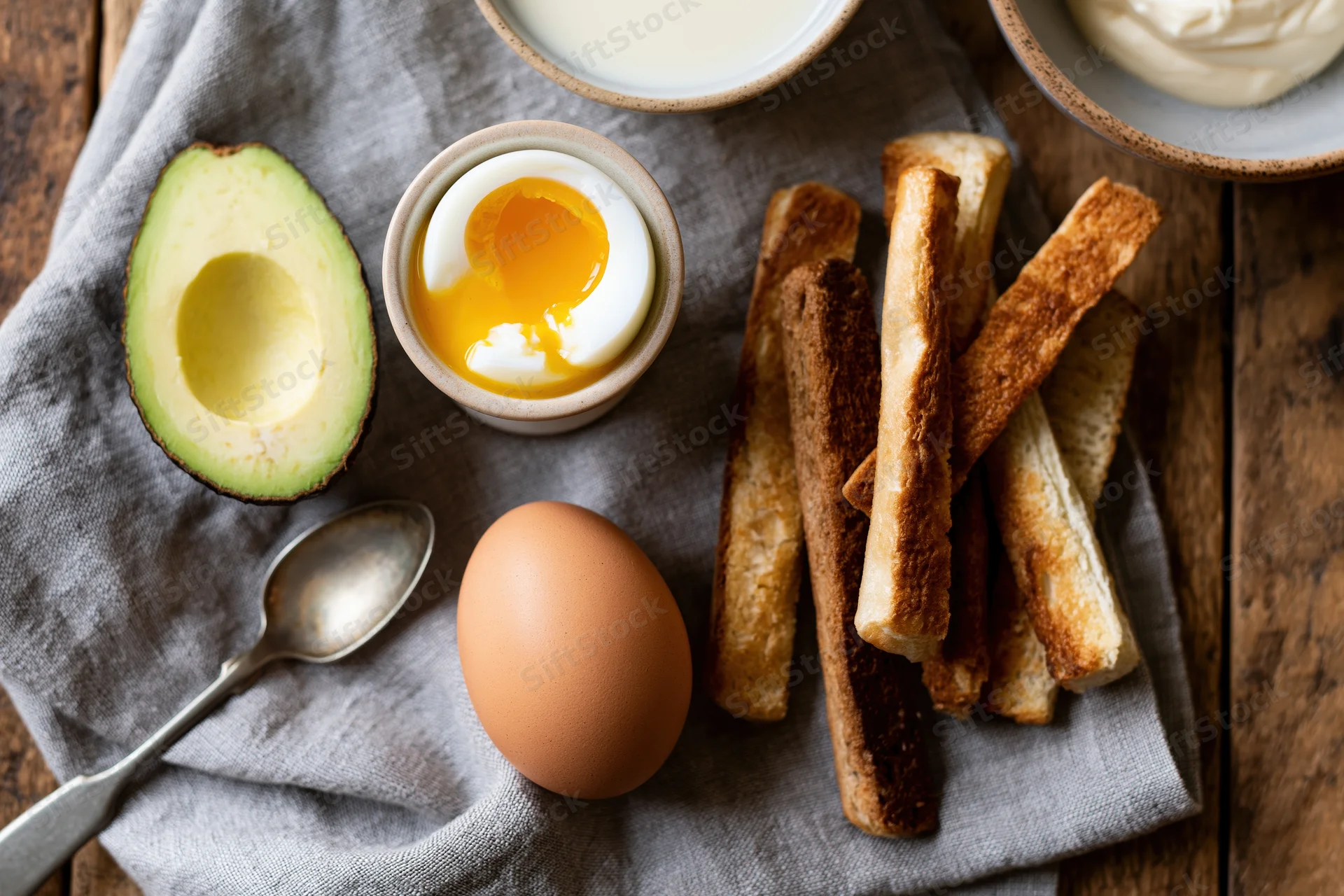 Soft-boiled egg cracked open in a ceramic egg cup with runny yolk, served with avocado half, toast sticks, and dairy on a cloth-covered wooden table