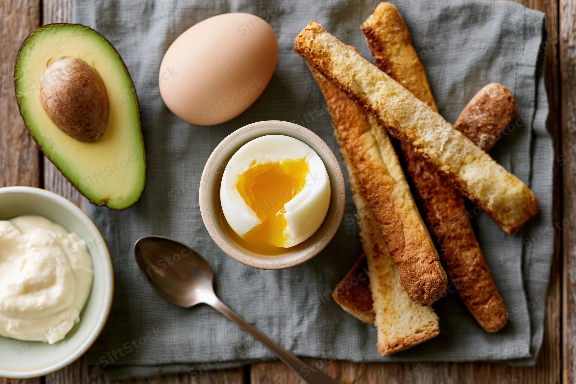 Soft-boiled egg cracked open in a ceramic egg cup with runny yolk, surrounded by avocado half, toast sticks, cream, and spoon on a gray cloth over wooden table