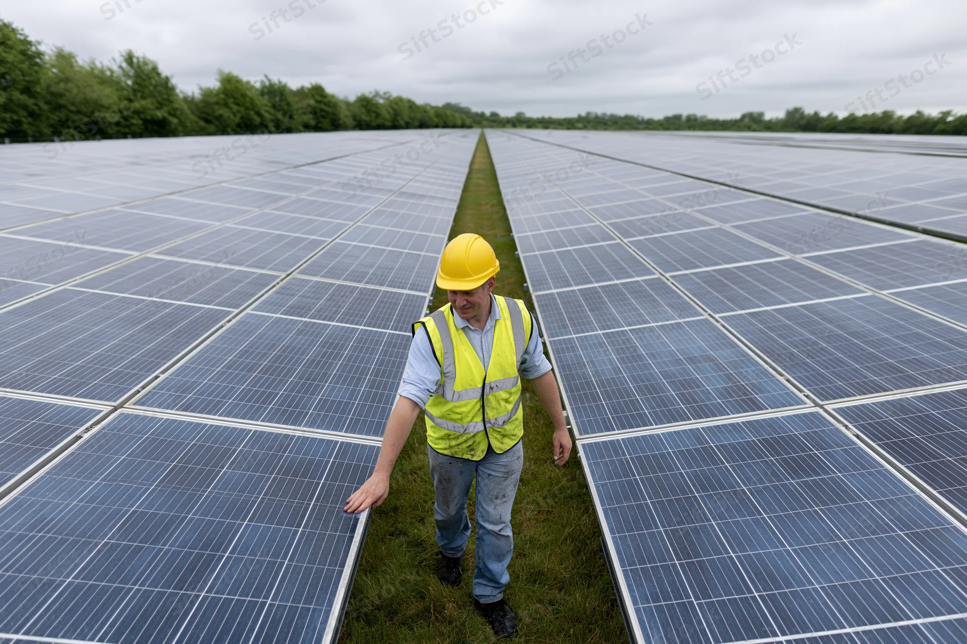 Technician inspecting solar panels in a field at a renewable energy farm