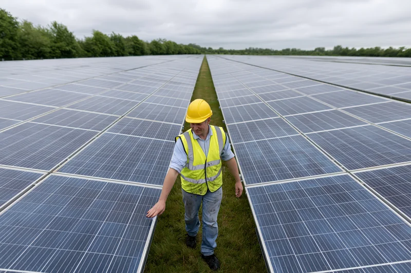 Technician inspecting solar panels in a field at a renewable energy farm