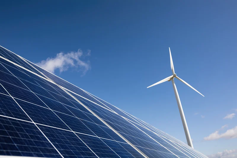 Solar panel array filling the lower-left foreground with a wind turbine in the background under a clear blue sky