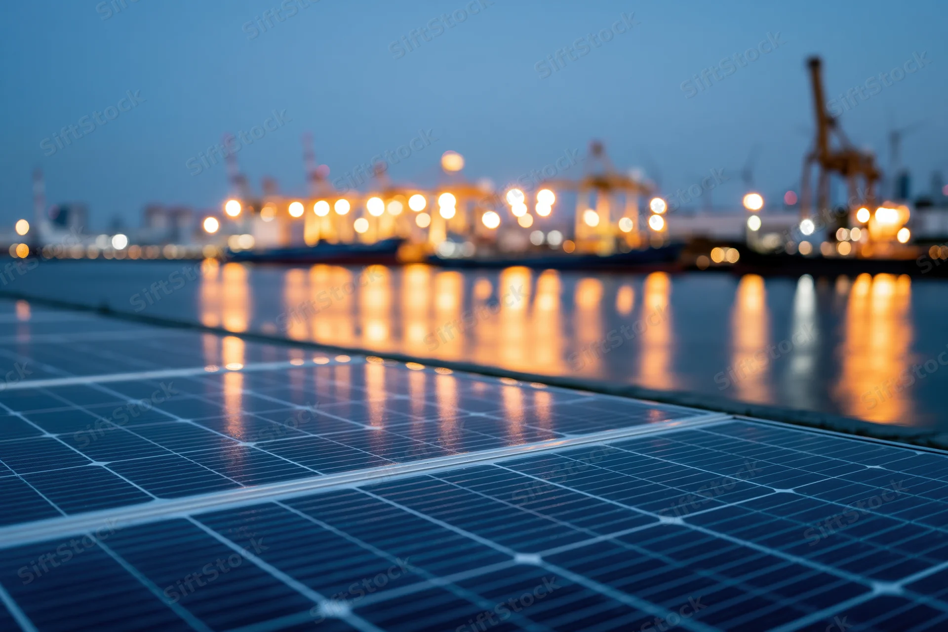 Solar panel array in foreground with industrial port and cranes reflected in water at twilight