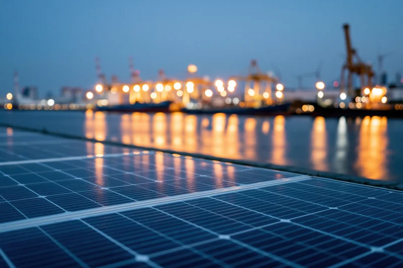 Solar panel array in foreground with industrial port and cranes reflected in water at twilight
