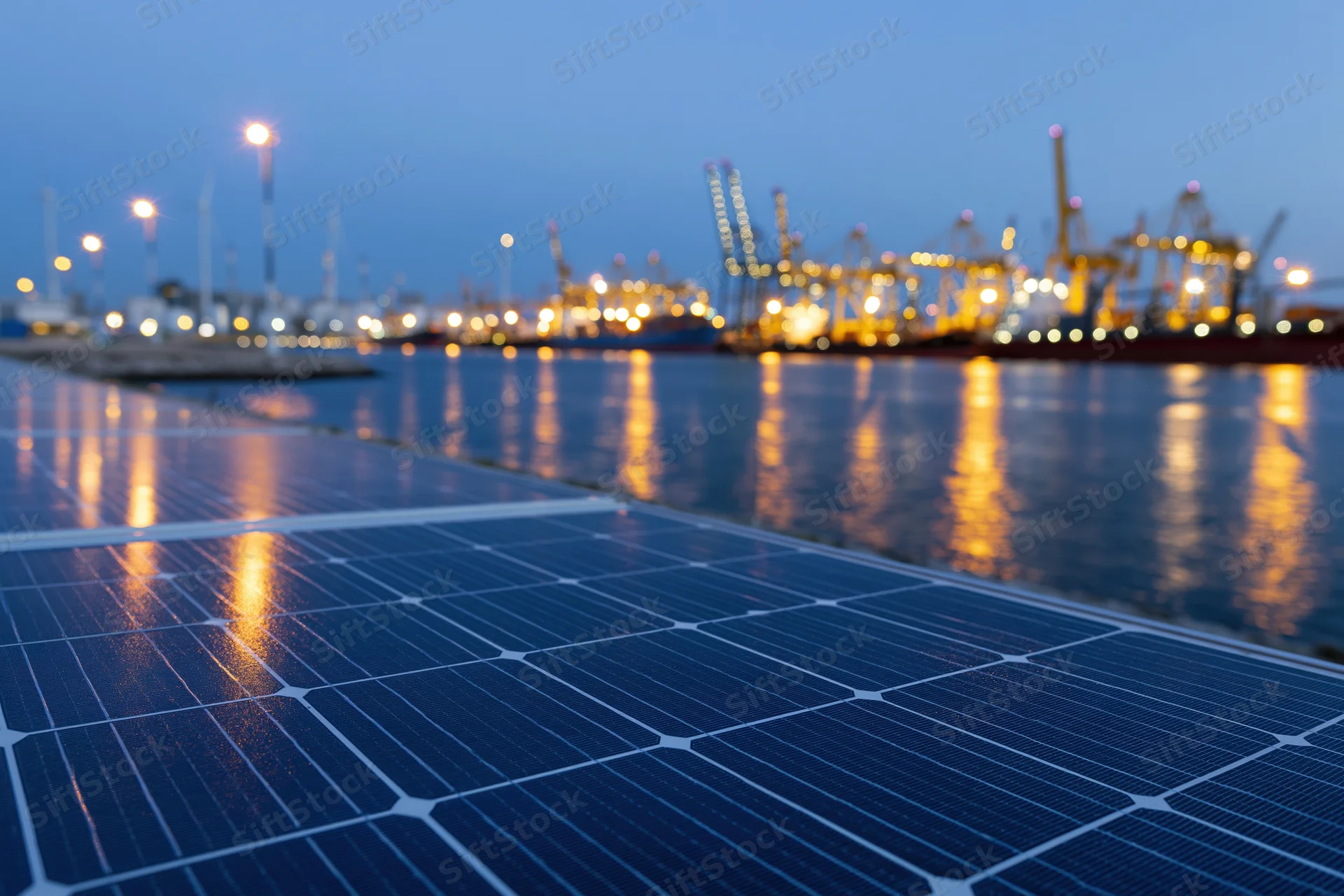 Solar panel array in foreground with industrial port and cranes reflected in water at twilight