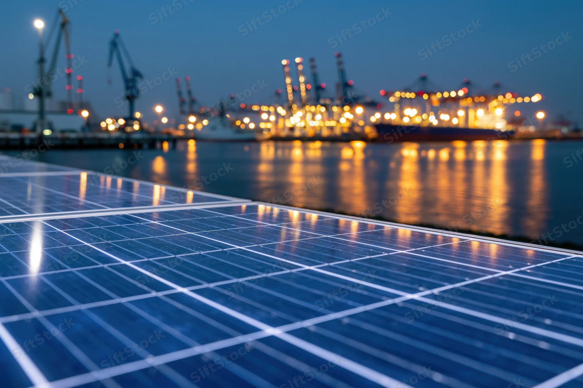 Solar panel array in foreground with industrial port and cranes in background at twilight