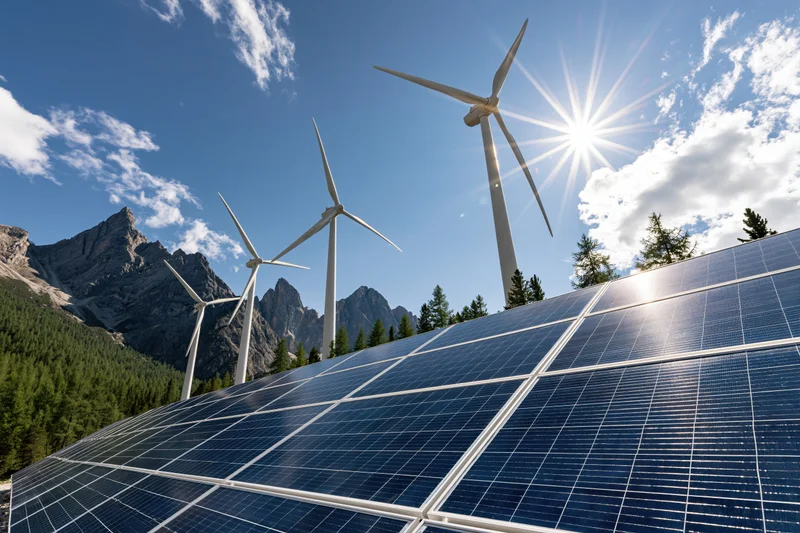 Solar panels in foreground with wind turbines on mountain landscape under bright sun