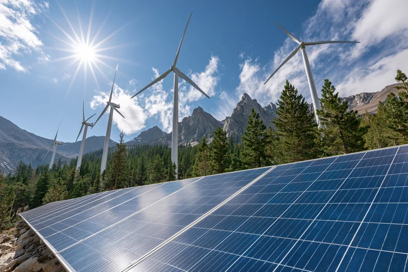 Solar panel array in foreground with wind turbines behind in mountain forest landscape