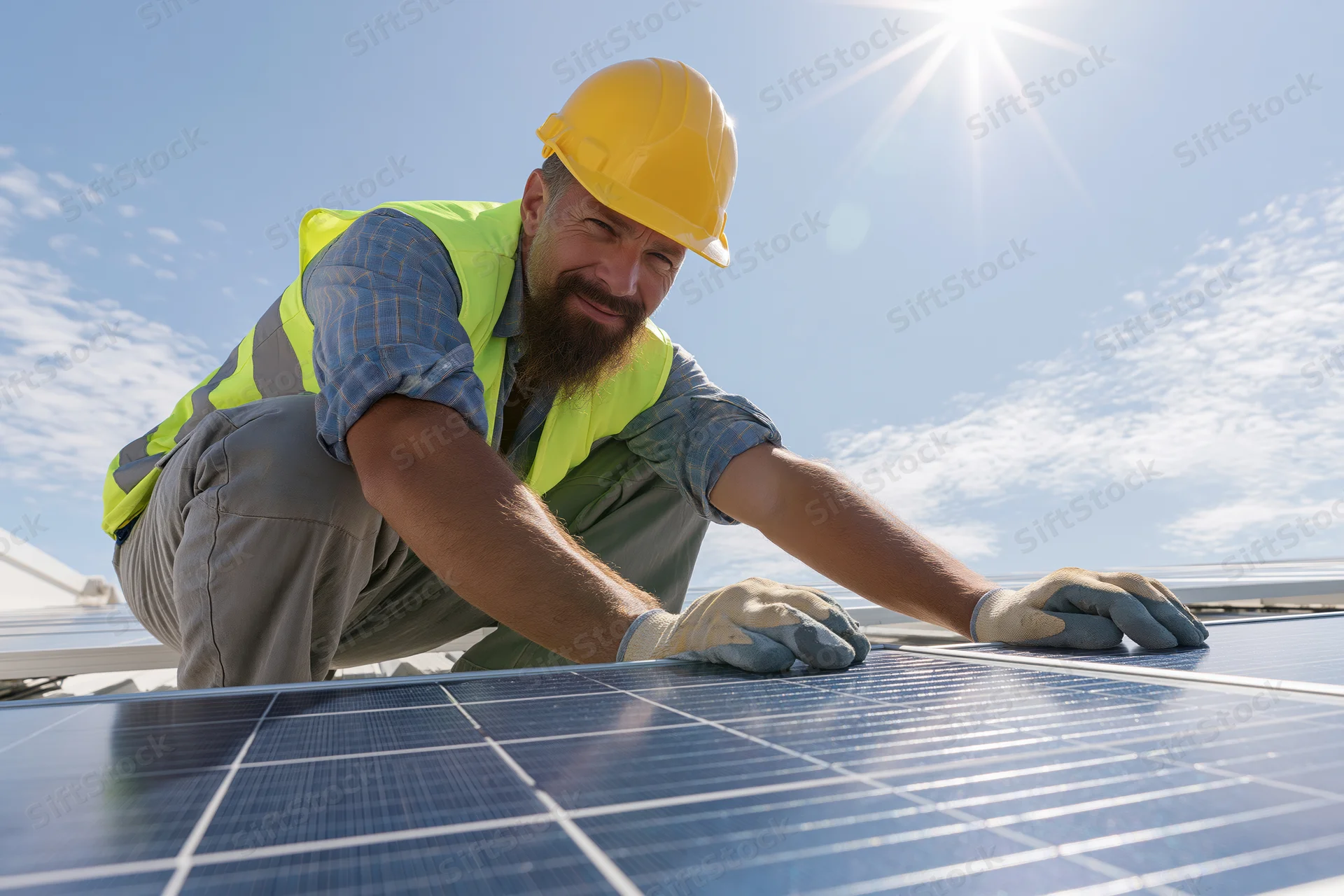 Solar panel technician crouching on rooftop installation smiling at camera