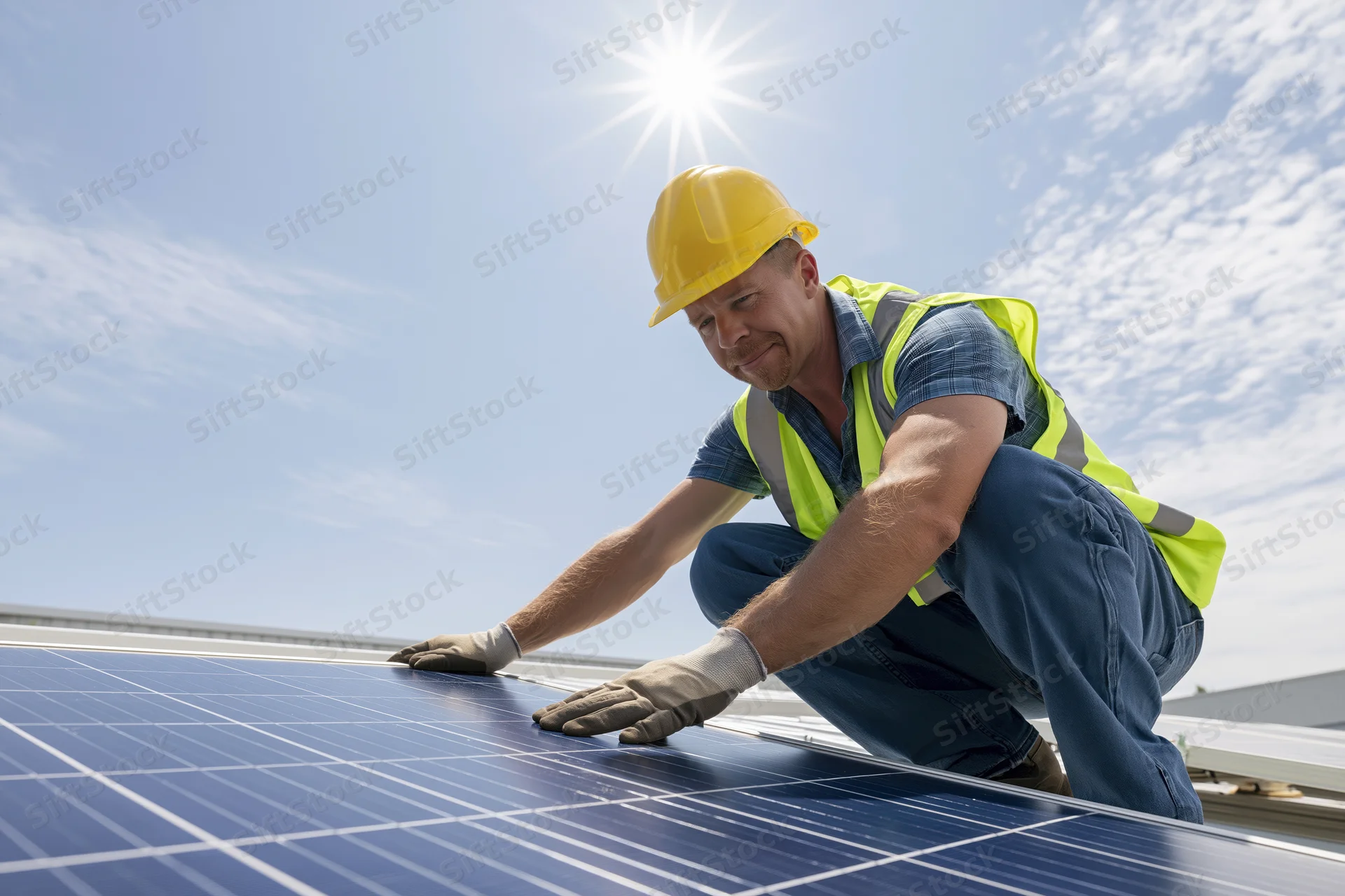 Technician crouching on rooftop installing solar panels with hands on surface under bright sun