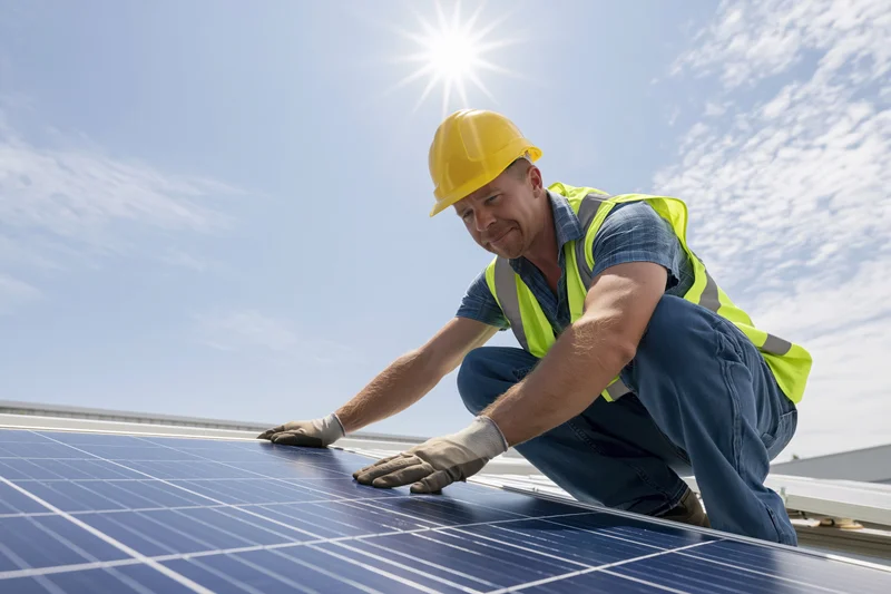 Technician crouching on rooftop installing solar panels with hands on surface under bright sun
