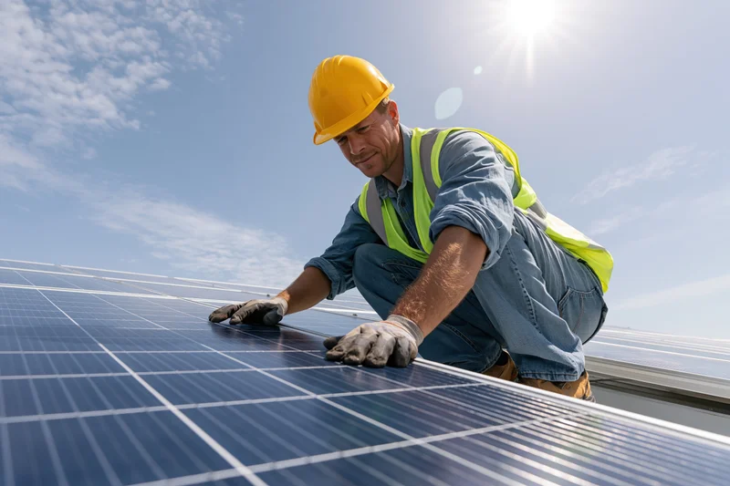 Solar panel technician crouching on rooftop installation inspecting photovoltaic modules under bright sun
