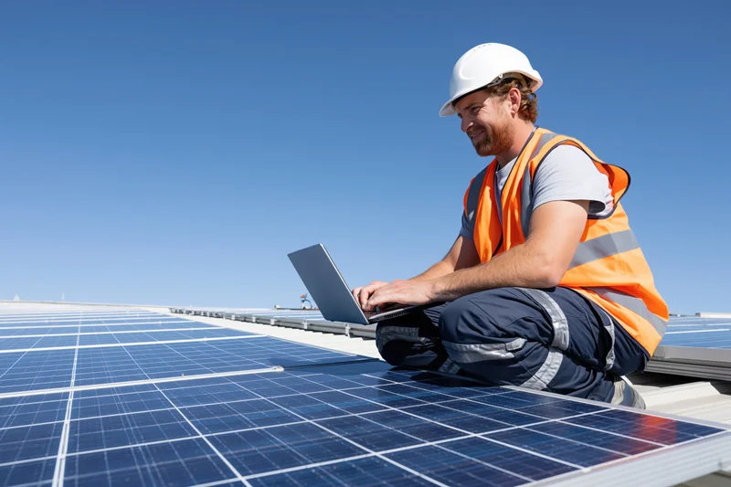 Solar panel technician crouching on rooftop array using laptop for inspection under clear sky