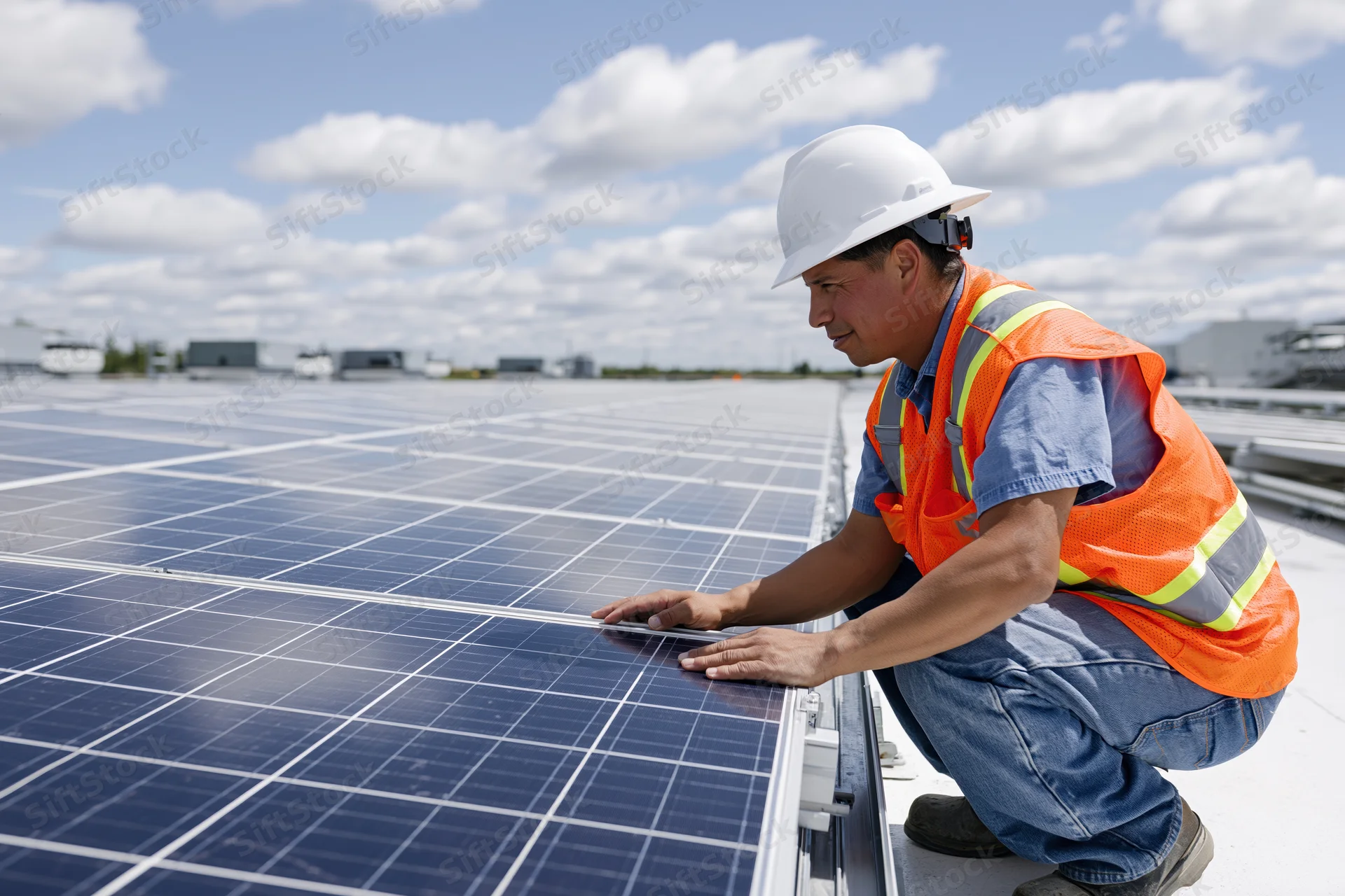 Technician inspecting solar panels on rooftop during daytime