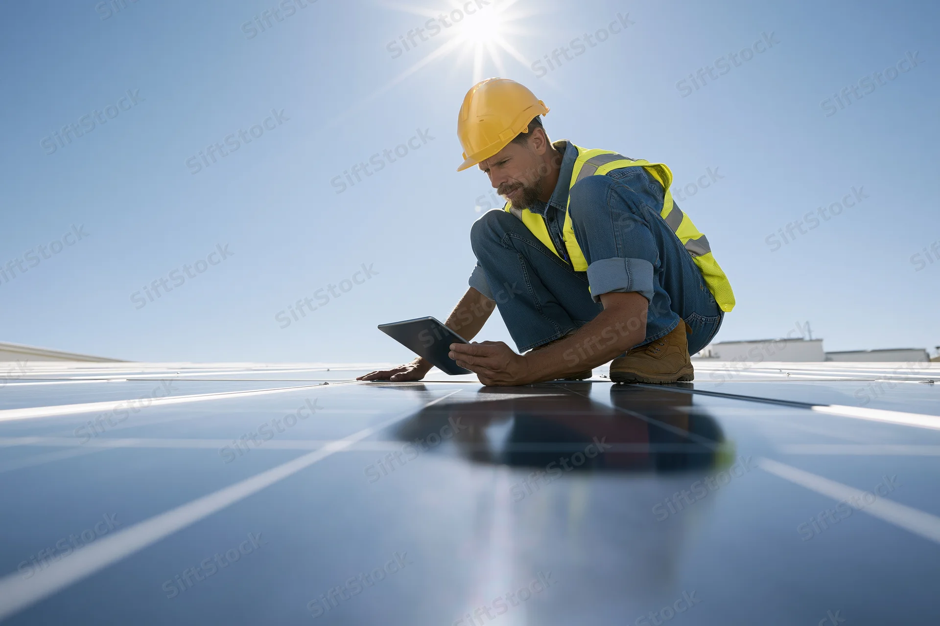 Solar panel technician inspecting rooftop array with tablet under bright sun