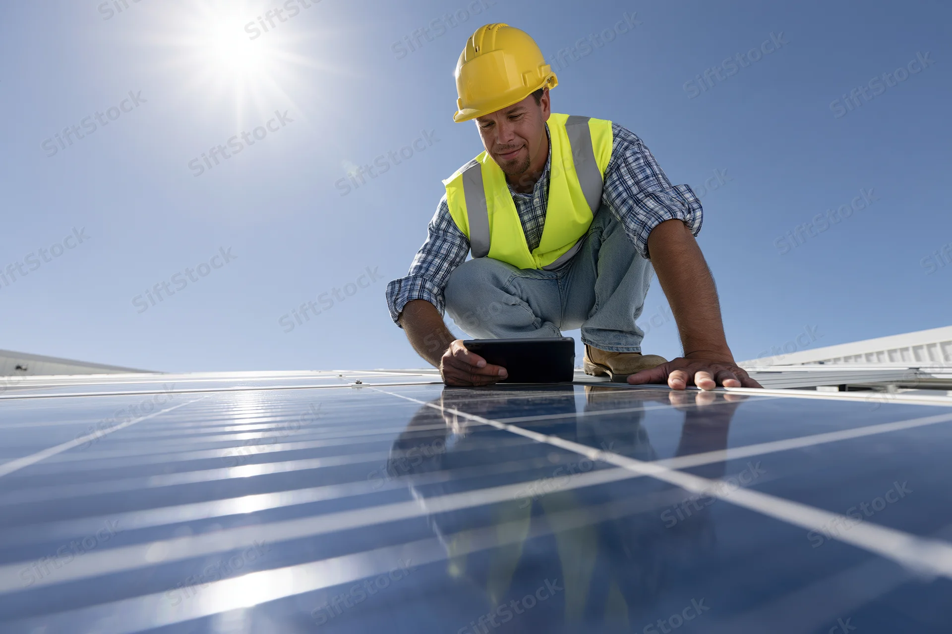 Technician inspecting solar panel on rooftop with tablet in hand