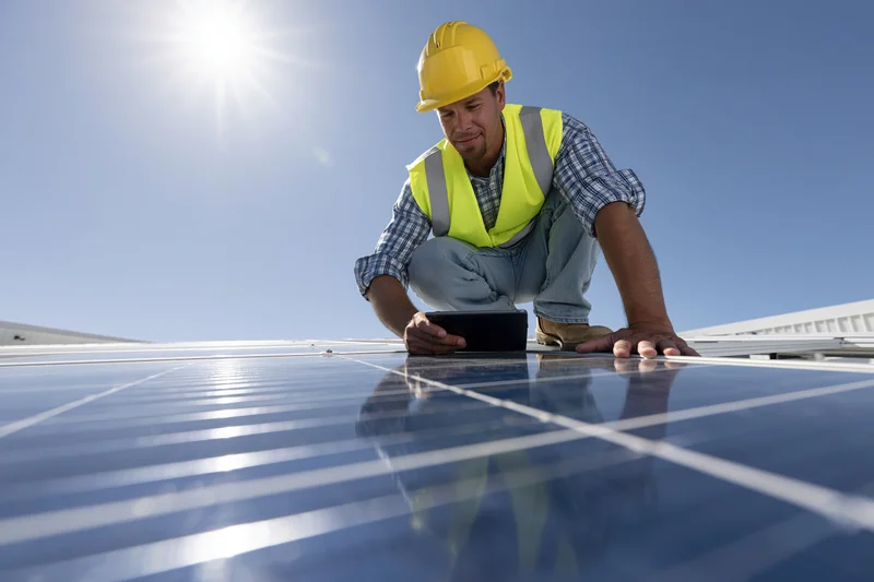 Technician inspecting solar panel on rooftop with tablet in hand