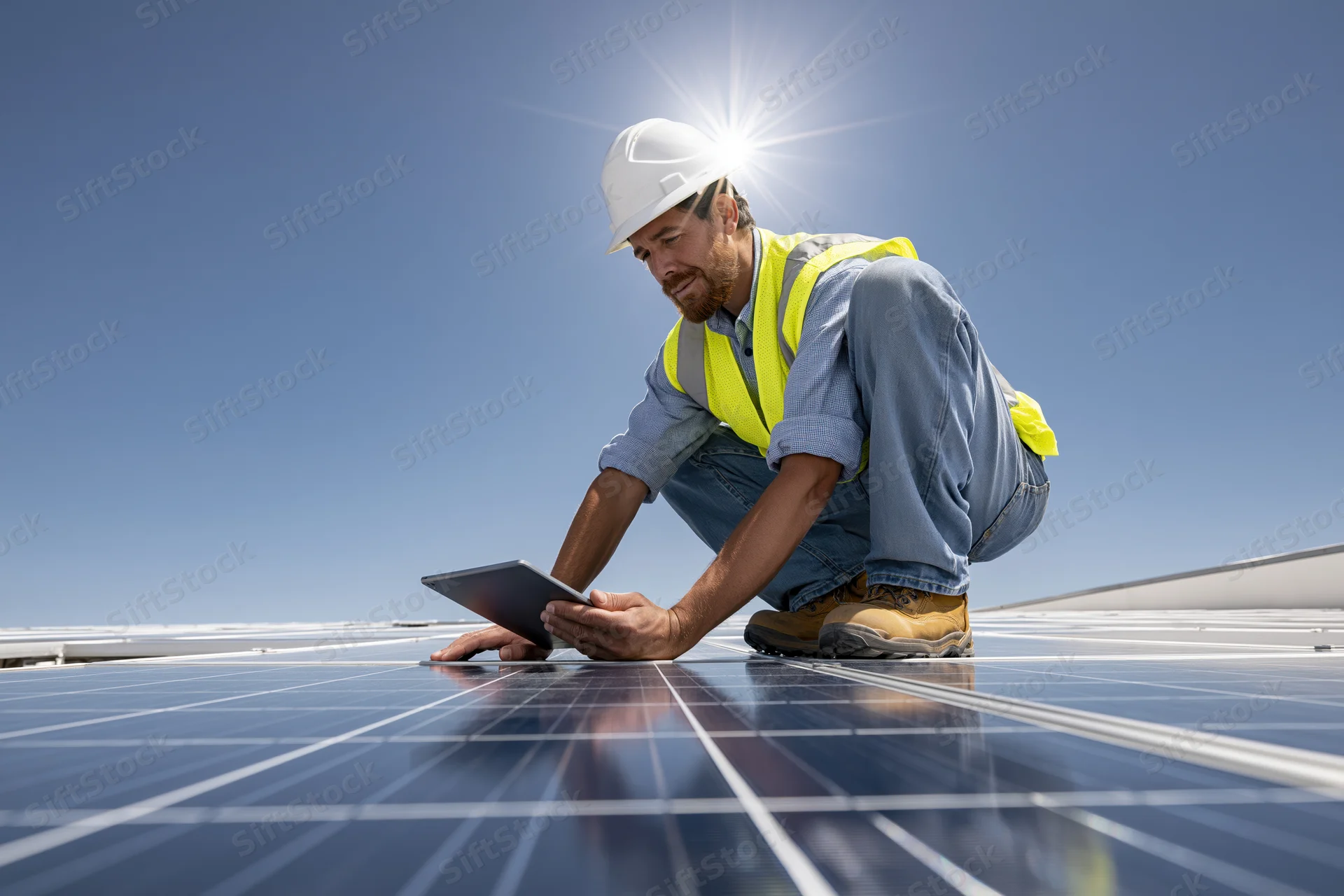 Solar panel technician inspecting panels on rooftop with tablet under bright sun