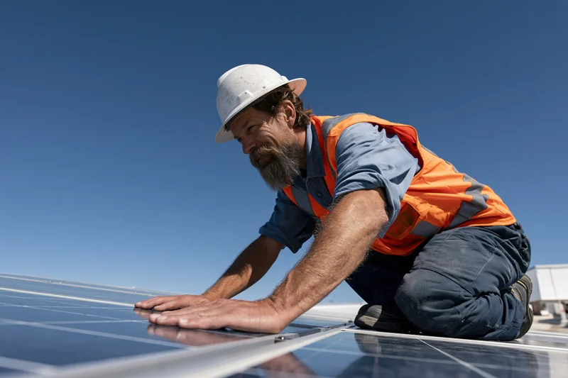 Technician kneeling on rooftop solar panel array inspecting surface under clear blue sky