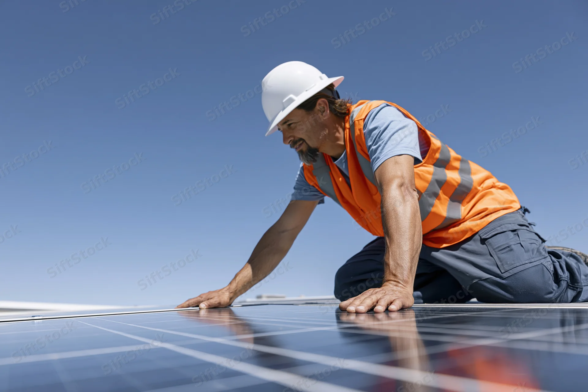 Technician kneeling and inspecting solar panel on rooftop under clear sky