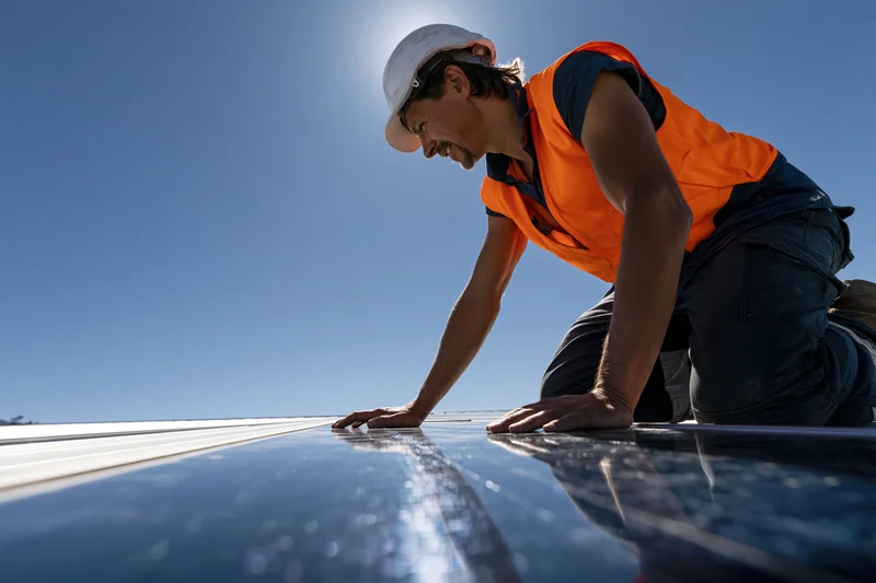Technician kneeling to inspect solar panel on rooftop under clear blue sky