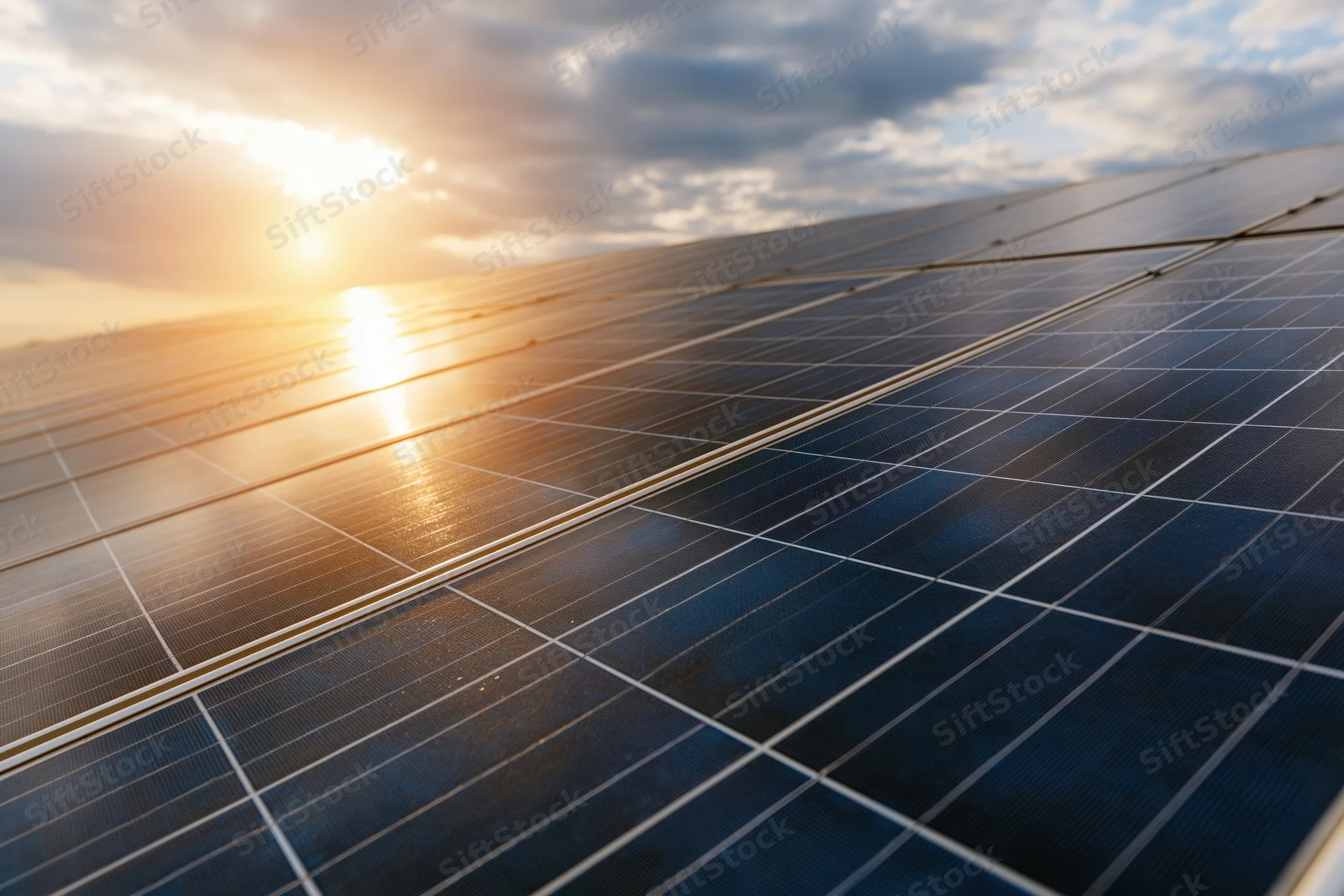 Solar panels angled toward the sky at sunset with clouds and golden light reflecting on their surface