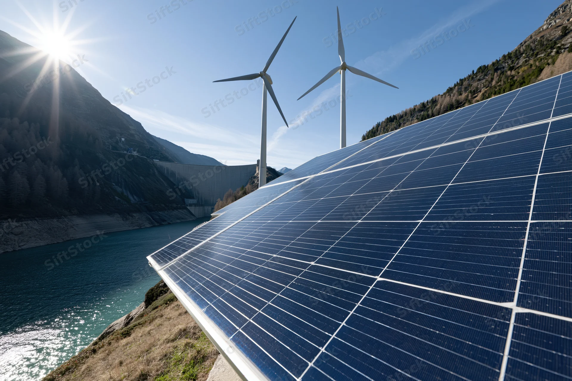 Solar panels angled toward camera with wind turbines and dam in mountain valley under bright sun