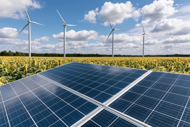 Solar panels angled toward the sun in a sunflower field with wind turbines in the background