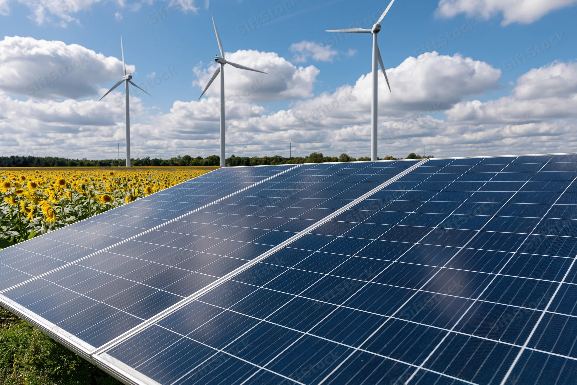 Solar panels angled toward the sun in a field of sunflowers with wind turbines in the background