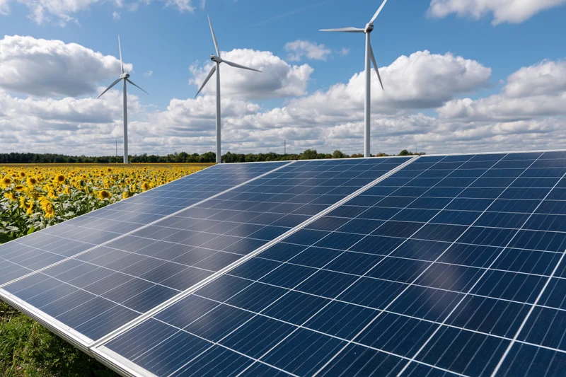 Solar panels angled toward the sun in a field of sunflowers with wind turbines in the background