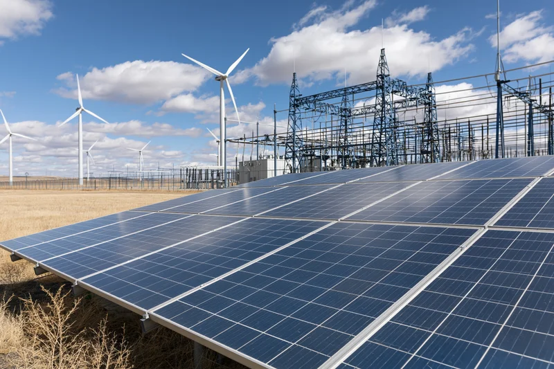 Solar panels in a field with wind turbines and a power substation under a bright blue sky during midday